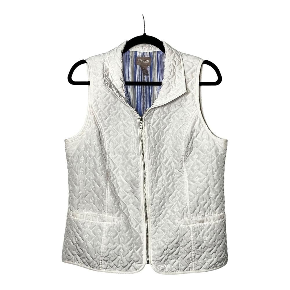 Chicos White Quilted Zip Front Vest Size 1 Medium Geometric Embroidered Lined - Picture 8 of 8